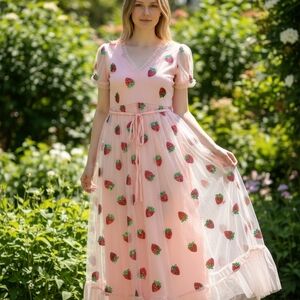Strawberry Sequin Tulle Maxi Dress Pink Cottagecore Fairycore Strawberry Print M